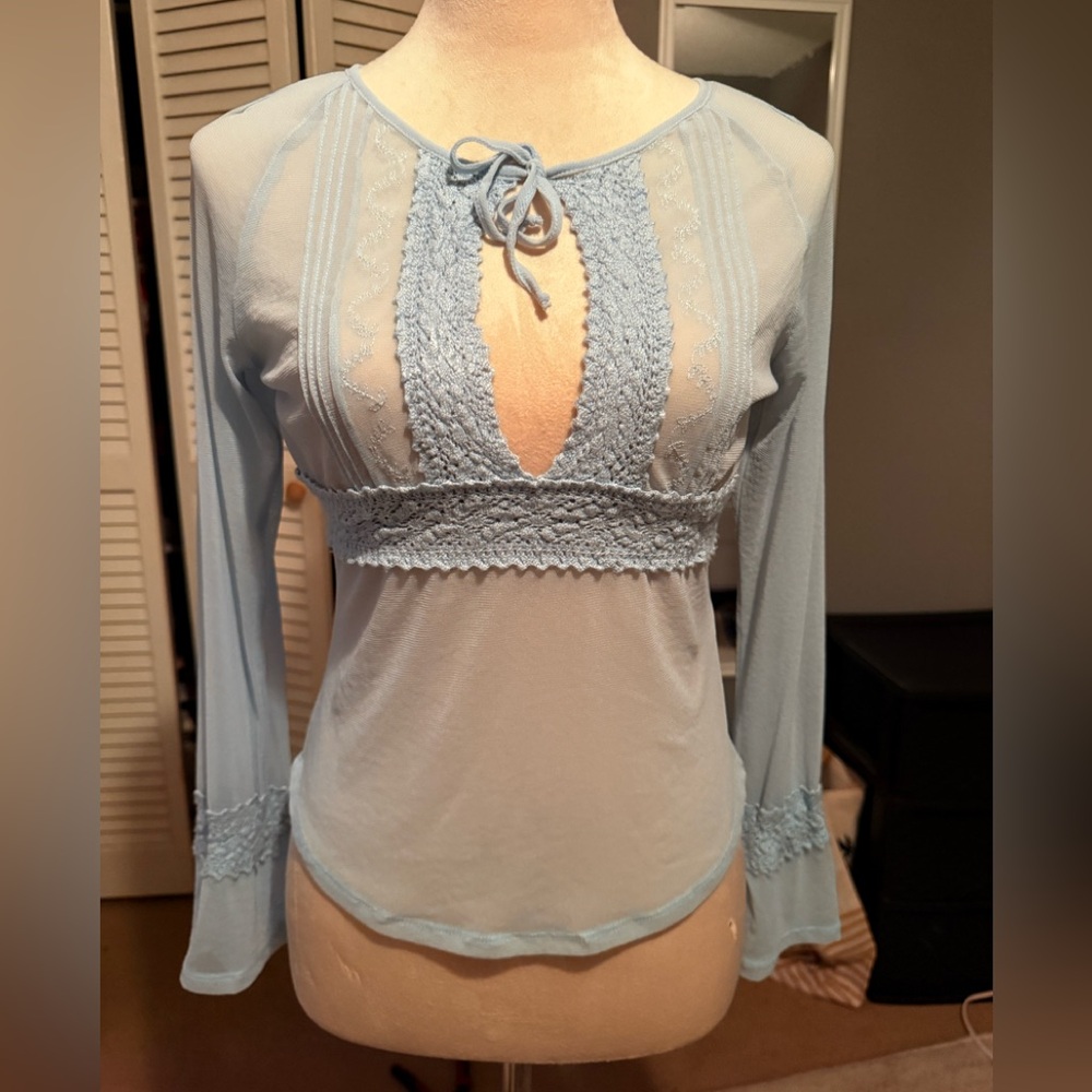 The Limited Pale Blue Lace Trim Keyhole Blouse